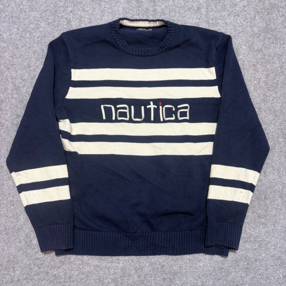 Nautica Mens Crewneck Sweater Navy Blue White Striped Logo Knit Pullover